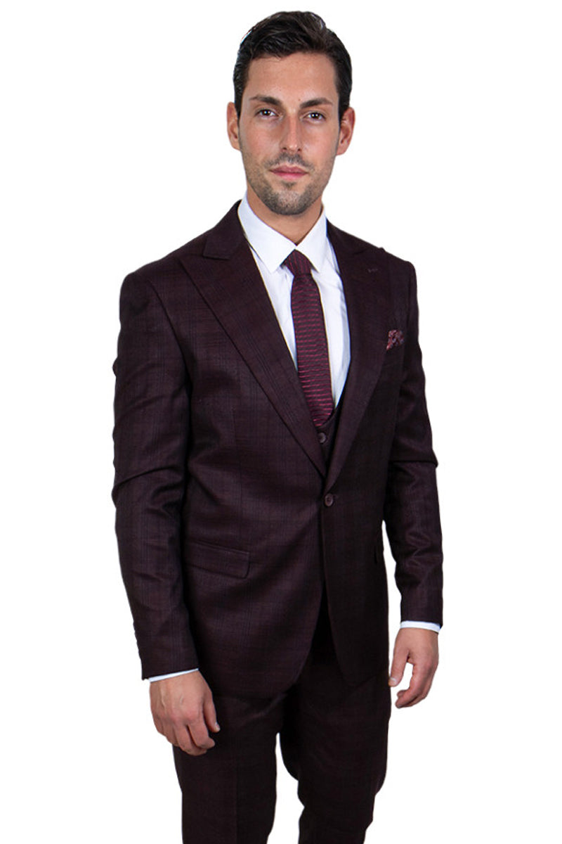 Men's Burgundy Glen Plaid Vested Suit w/ Peak Lapel & 1-Button Closure - Stacy Adams