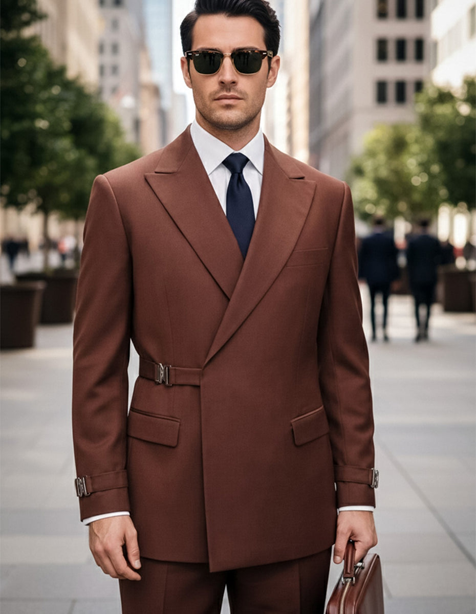 Statement Double Breasted Belted Style Copper Wool Tailored Fit Suit Bolanzo