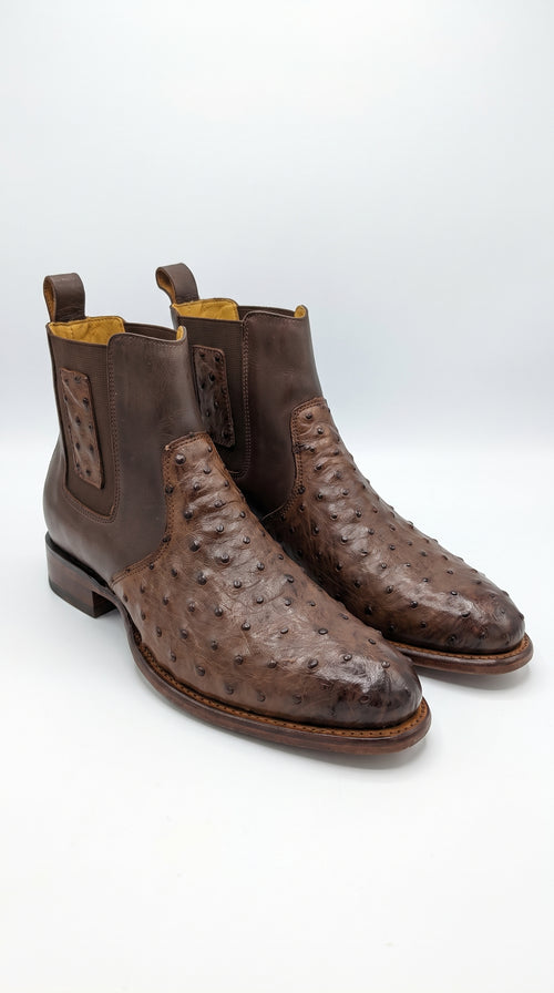Botas de Avestruz Para Hombre Western Boots – Men’s Brown Ostrich Style Leather Chelsea Cowboy Ankle Boots