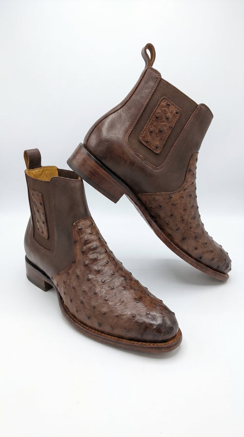 Botas de Avestruz Para Hombre Western Boots – Men’s Brown Ostrich Style Leather Chelsea Cowboy Ankle Boots