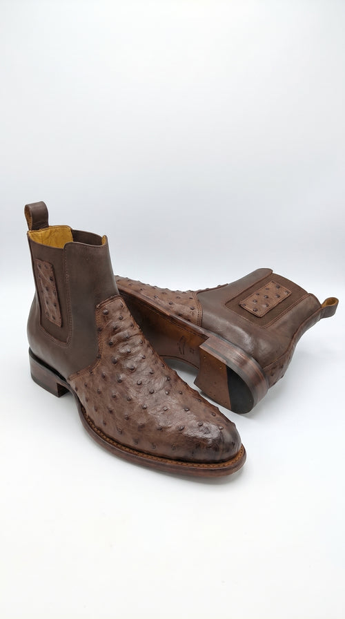 Botas de Avestruz Para Hombre Western Boots – Men’s Brown Ostrich Style Leather Chelsea Cowboy Ankle Boots