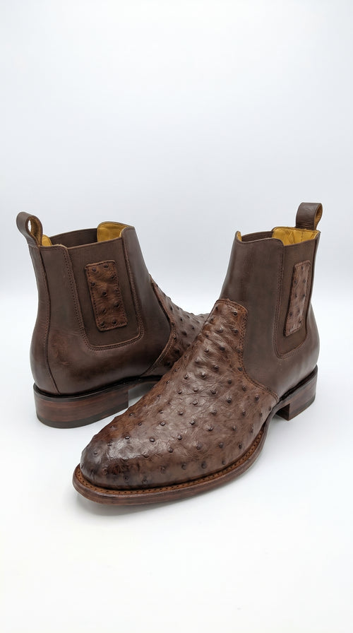 Botas de Avestruz Para Hombre Western Boots – Men’s Brown Ostrich Style Leather Chelsea Cowboy Ankle Boots