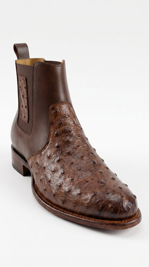Botas de Avestruz Para Hombre Western Boots – Men’s Brown Ostrich Style Leather Chelsea Cowboy Ankle Boots