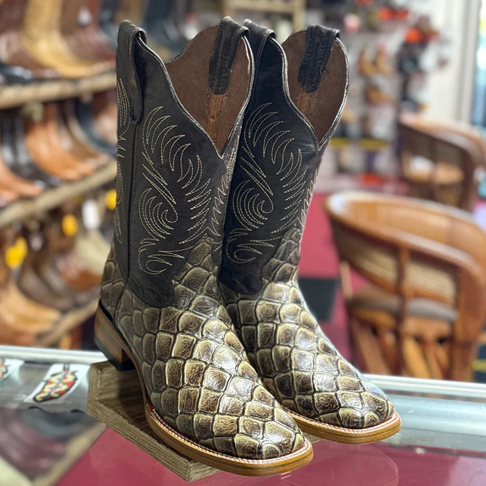 Mens White Diamond Boot Fish Print Boots Square Toe