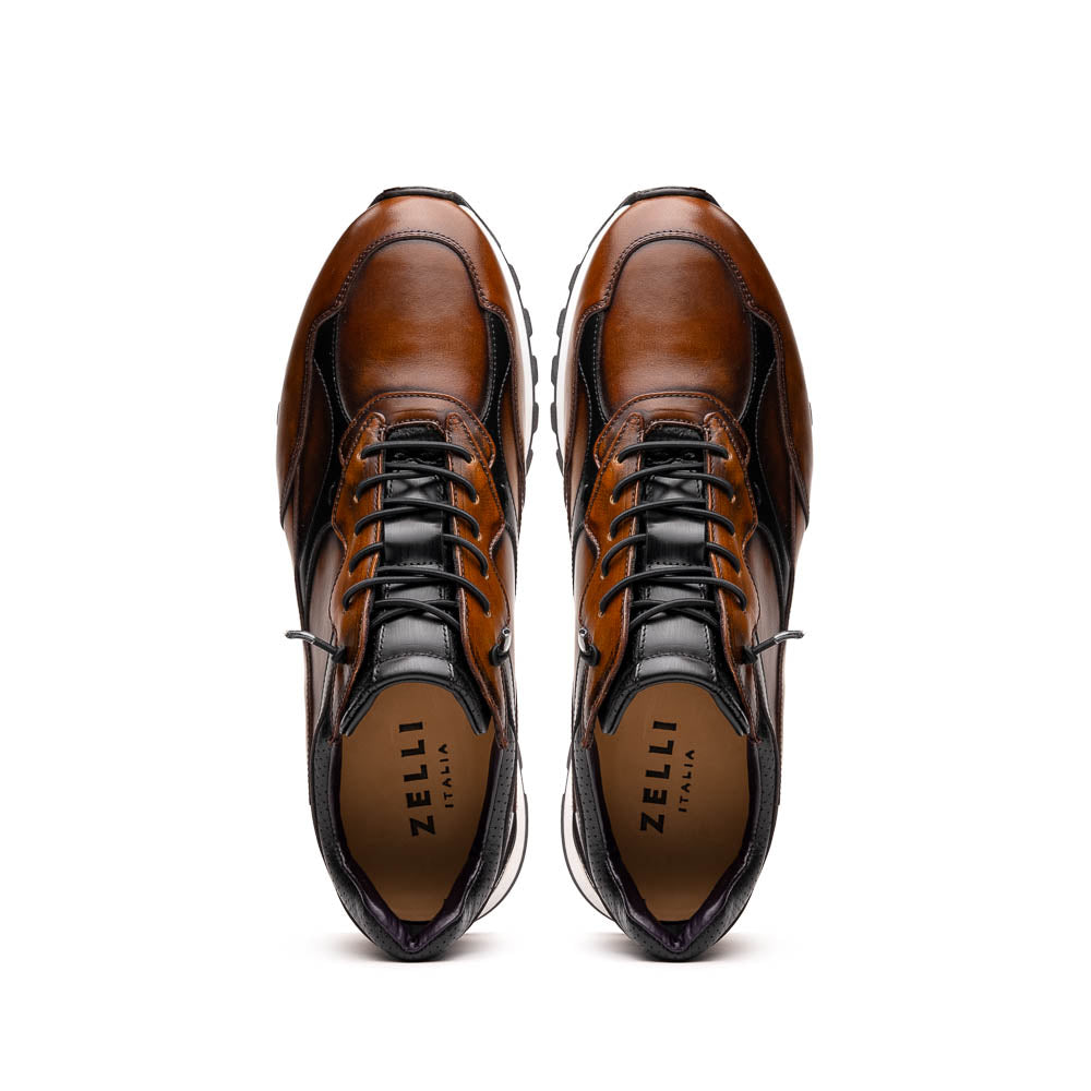 Zelli Bravo Hand Finished Calfskin Trainer Sneaker in Cognac