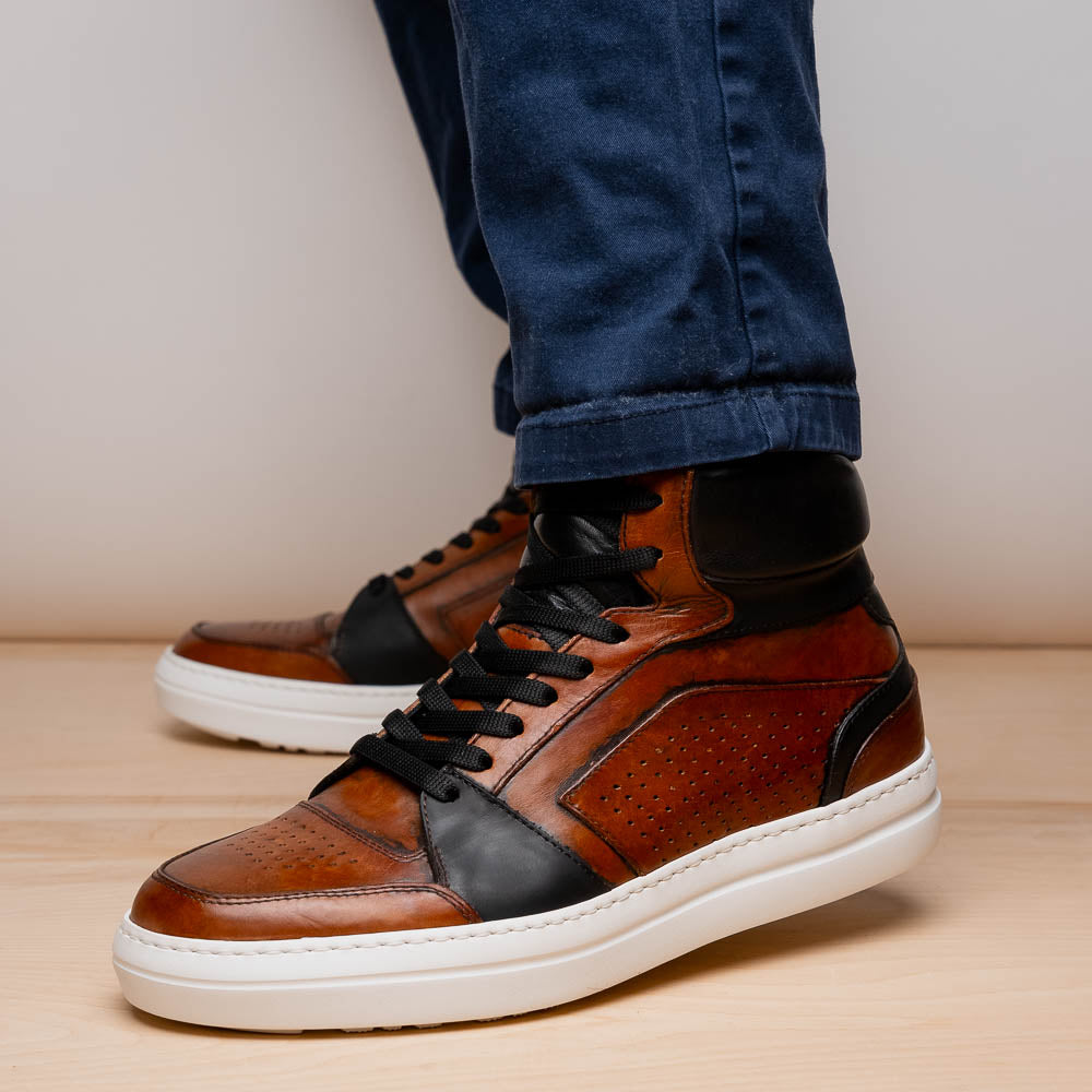 Zelli Bravo Burnished Calfskin High Top Dress Sneaker in Brown