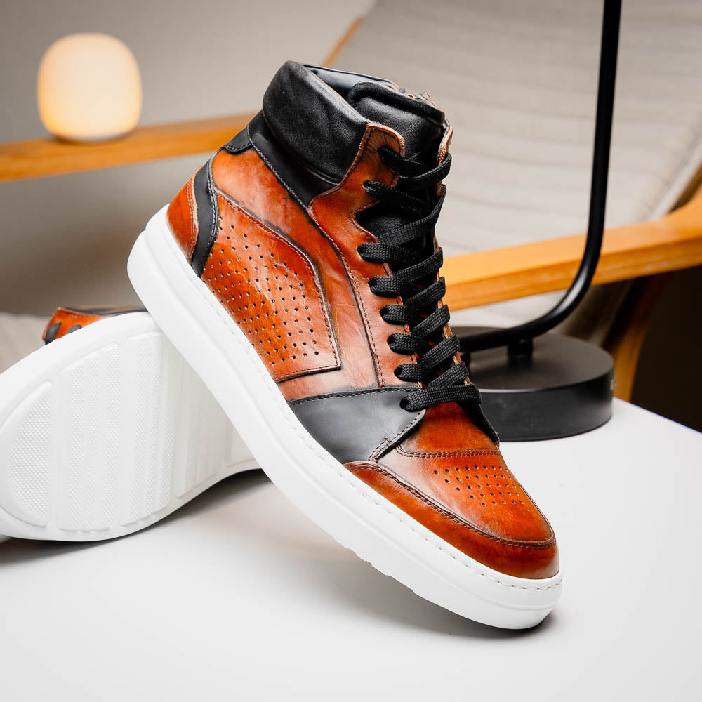 Zelli Bravo Burnished Calfskin High Top Dress Sneaker in Brown