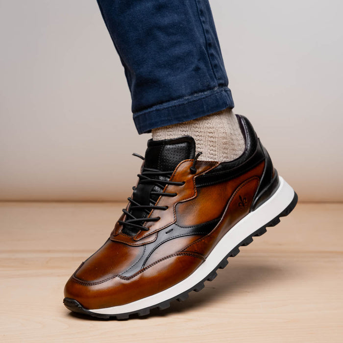 Zelli Bravo Hand Finished Calfskin Trainer Sneaker in Cognac