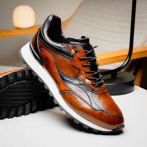 Zelli Bravo Hand Finished Calfskin Trainer Sneaker in Cognac