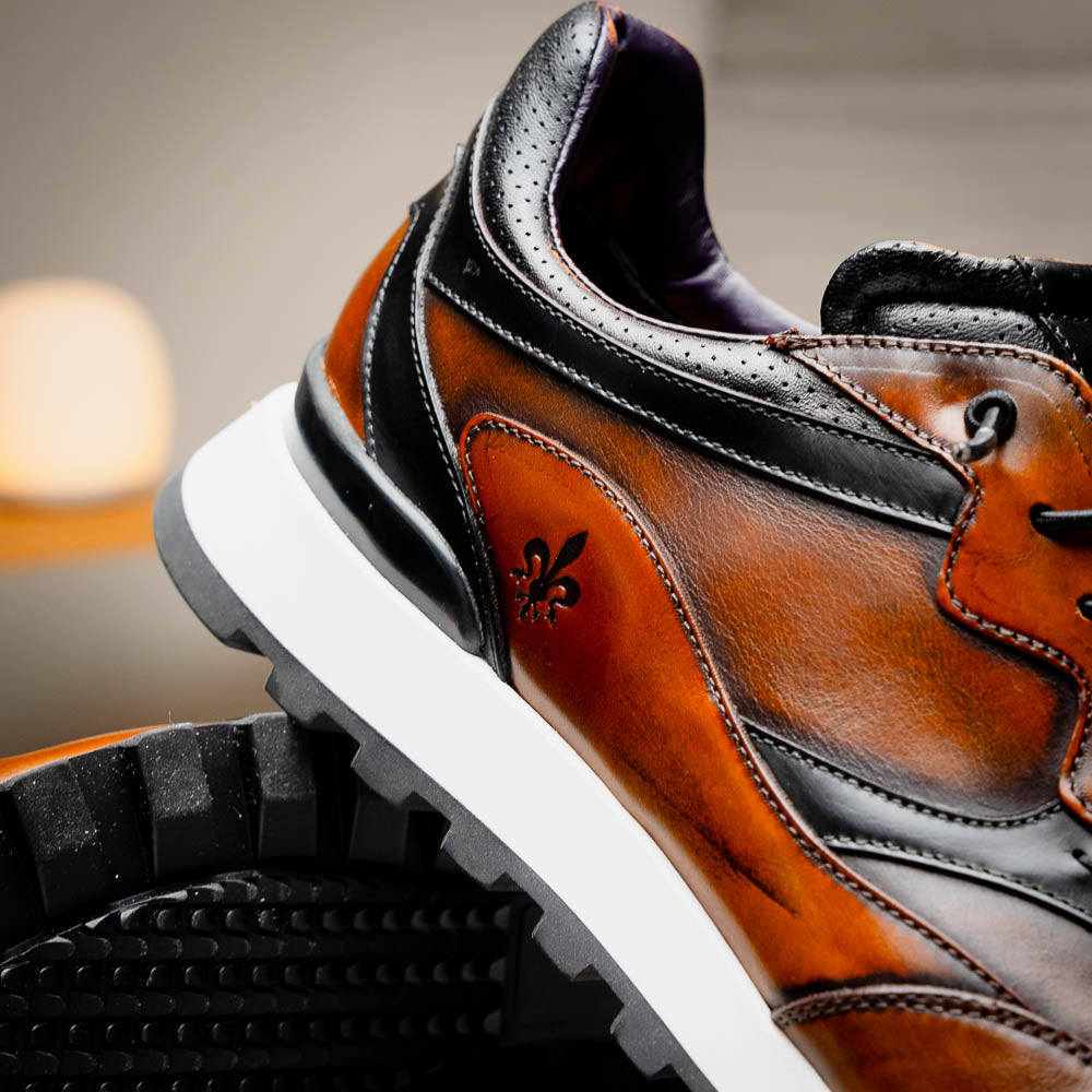 Zelli Bravo Hand Finished Calfskin Trainer Sneaker in Cognac
