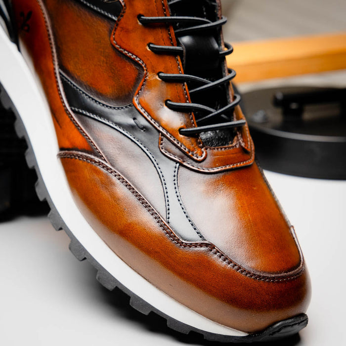 Zelli Bravo Hand Finished Calfskin Trainer Sneaker in Cognac
