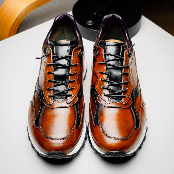 Zelli Bravo Hand Finished Calfskin Trainer Sneaker in Cognac