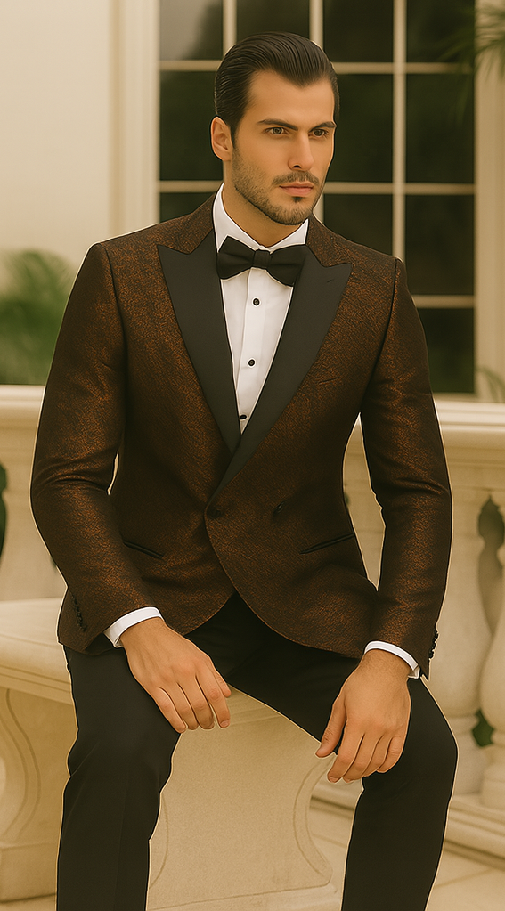 Bronze Double Breasted Rough Streak Pattern Satin Peak Lapel Stacy Adams Men's Jacket