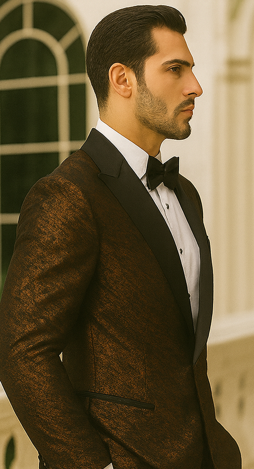Bronze Double Breasted Rough Streak Pattern Satin Peak Lapel Stacy Adams Men's Jacket