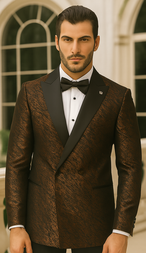 Bronze Double Breasted Rough Streak Pattern Satin Peak Lapel Stacy Adams Men's Jacket