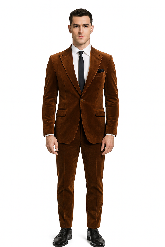 Mens Brown Velvet 2-Piece Suit - Luxury Slim Fit Formal Blazer and Pants Set in Rust Copper Color by USA Men's Outlet