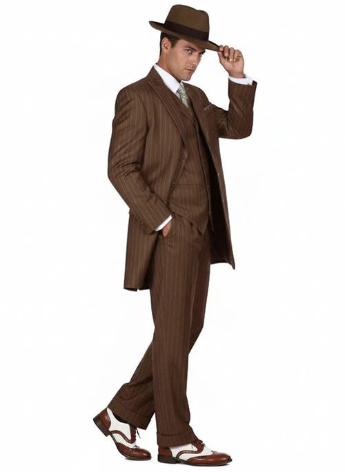 Mens Olive Green Pinstripe Zoot Suit – 1920s Gangster Vintage 3-Piece Suit for Formal and Themed Events