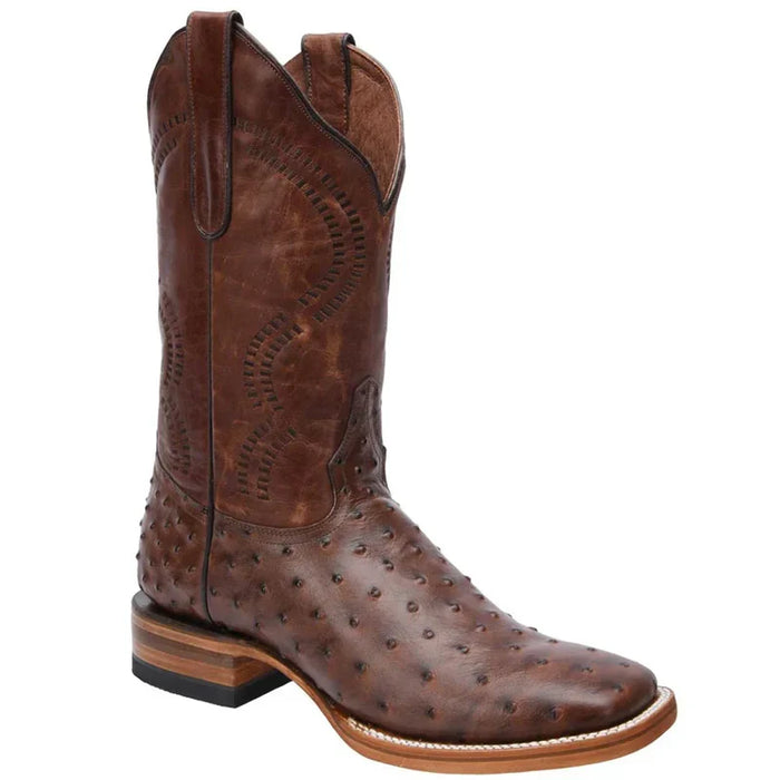 Mens White Diamond Boot Brown Ostrich Print Boots Square Toe