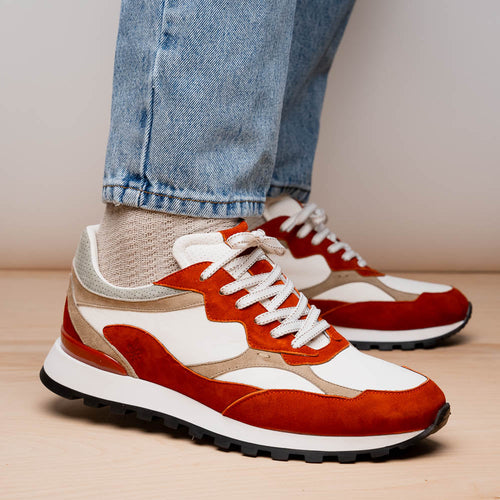Zelli Bruno Goat Suede and Calfskin Trainer Sneaker in Rust & Taupe