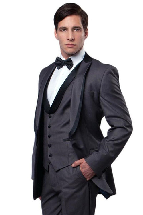 "Bryan Michaels Charcoal Grey Satin-Trimmed Tuxedo with Peak Lapel Vesting" - Elegant Mensattire