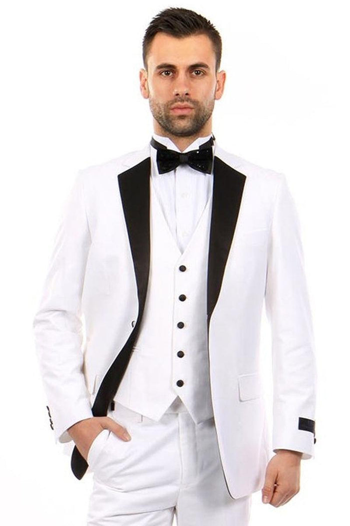 "Bryan Michaels Men's Black & White Slim Fit Vested Tuxedo" - Elegant Mensattire