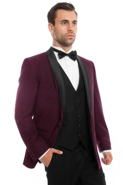 Bryan Michaels Men's Burgundy Tuxedo w/Satin Shawl Lapel & One Button Vested - Elegant Mensattire