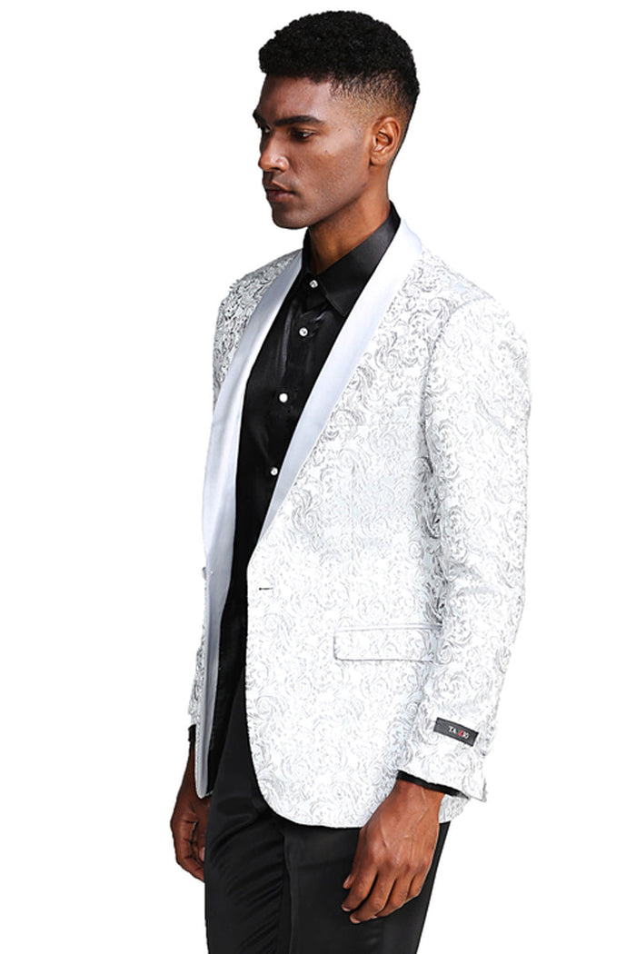 Men's Slim Fit Wedding & Prom Tonal Paisley Tuxedo Jacket in White by Tazzio