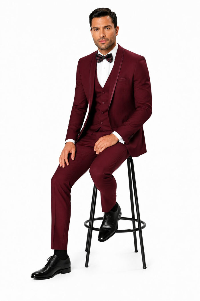 Maroon Prom Suit - Maroon Prom Tuxedo Suits - Maroon Wedding Tuxedo Mens One Button Satin Trim Shawl Tuxedo in Burgundy Wool by PROMTUXEDO