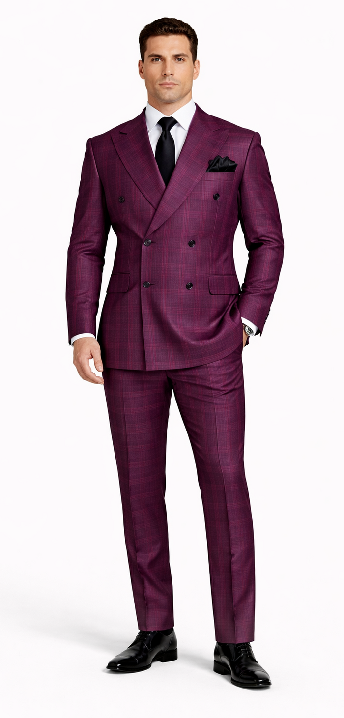 Rossiman Men’s Burgundy Windowpane Plaid Double-Breasted Suit by USA Men's Outlet