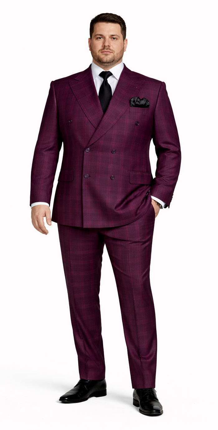 Rossiman Men’s Burgundy Windowpane Plaid Double-Breasted Suit by USA Men's Outlet