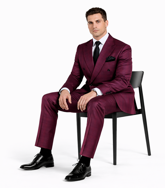 Rossiman Men’s Burgundy Windowpane Plaid Double-Breasted Suit by USA Men's Outlet