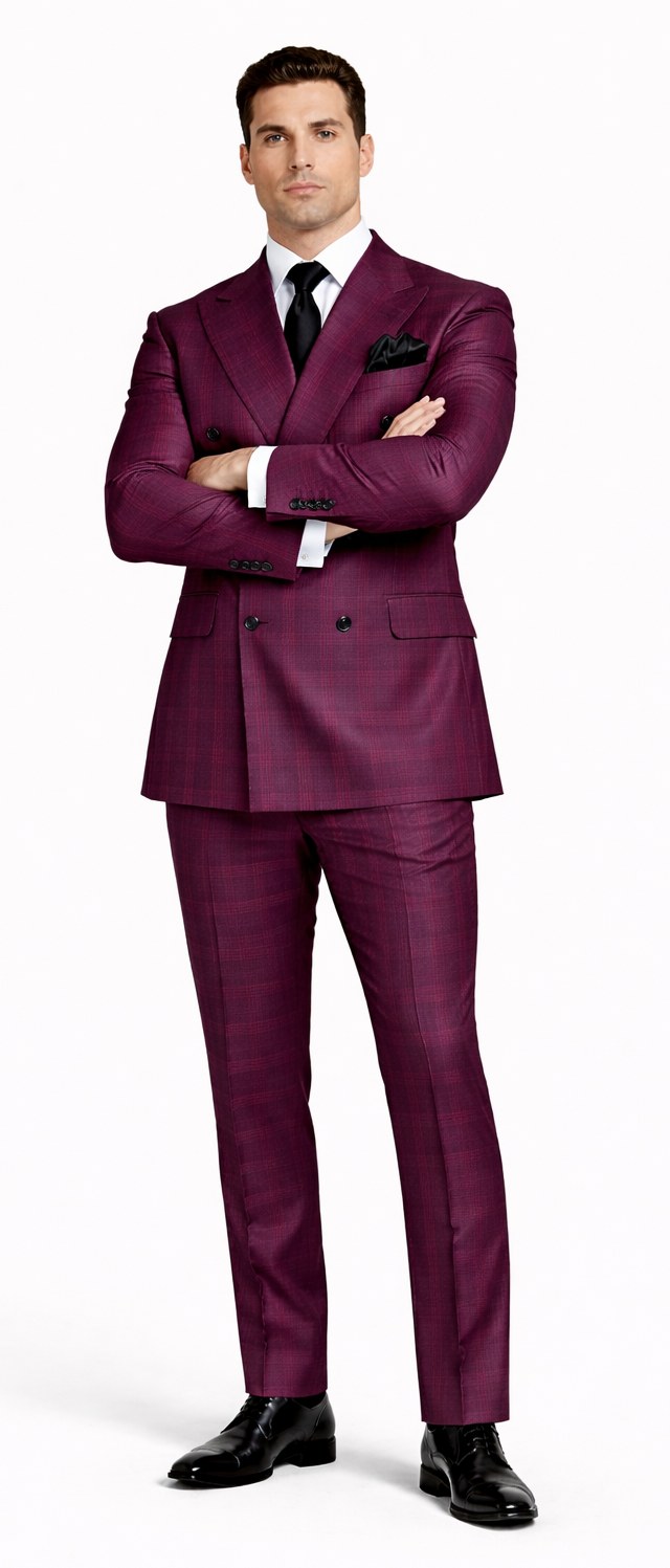 Rossiman Men’s Burgundy Windowpane Plaid Double-Breasted Suit by USA Men's Outlet