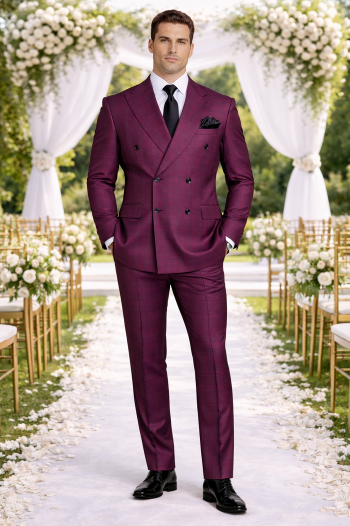 Rossiman Men’s Burgundy Windowpane Plaid Double-Breasted Suit by USA Men's Outlet