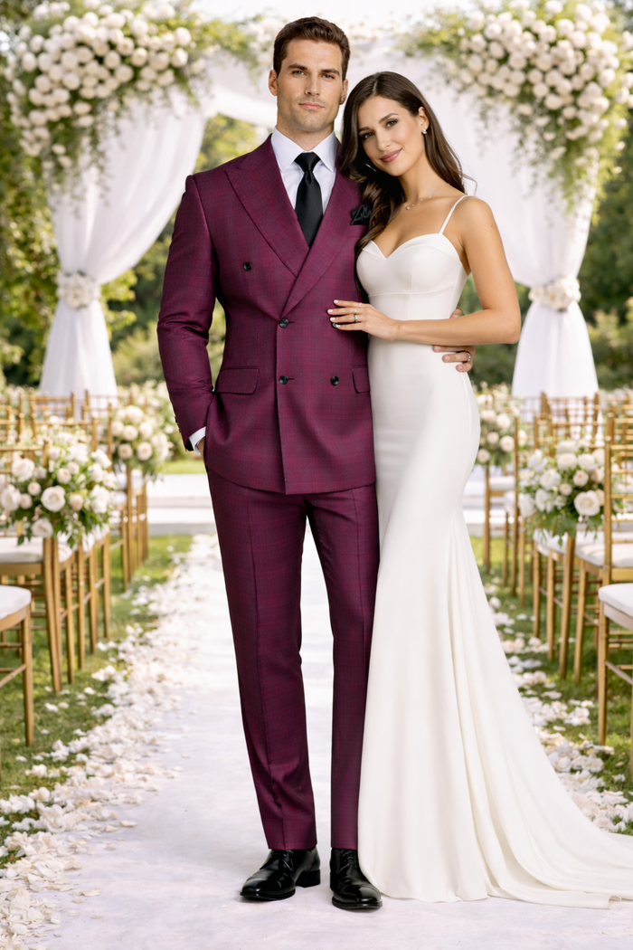 Rossiman Men’s Burgundy Windowpane Plaid Double-Breasted Suit by USA Men's Outlet
