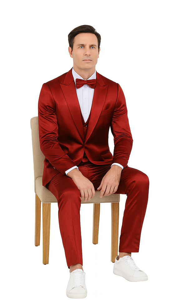 Tazzio Men's Formal Burgundy Satin 3 Piece Slim Fit Suit