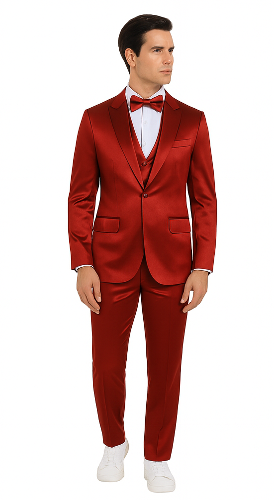 Tazzio Men's Formal Burgundy Satin 3 Piece Slim Fit Suit
