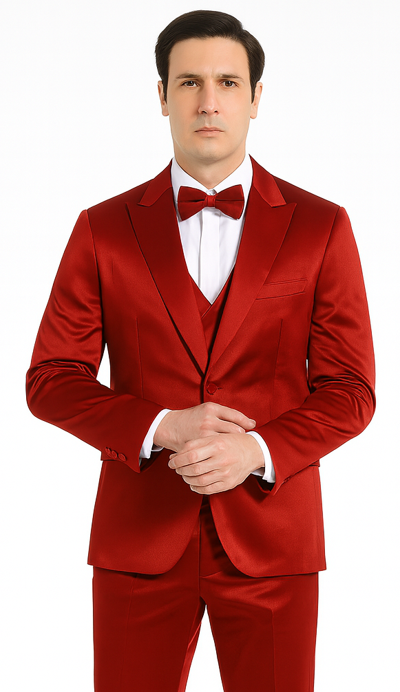 Tazzio Men's Formal Burgundy Satin 3 Piece Slim Fit Suit