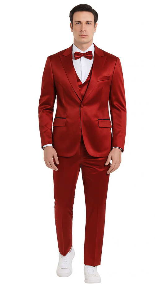 Tazzio Men's Formal Burgundy Satin 3 Piece Slim Fit Suit