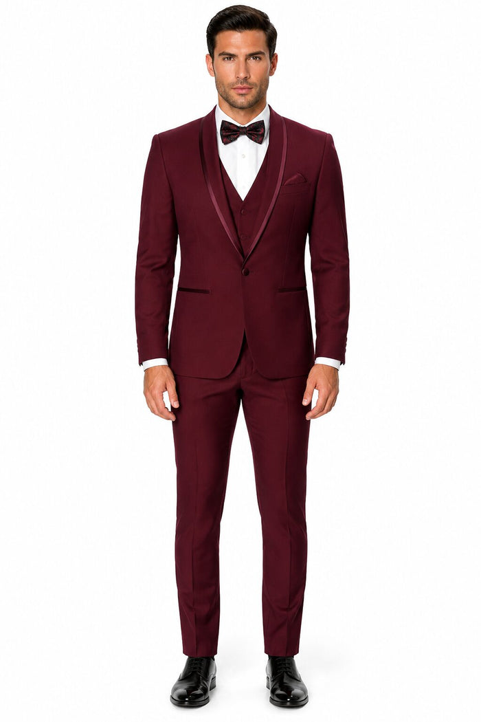 Maroon Prom Suit - Maroon Prom Tuxedo Suits - Maroon Wedding Tuxedo Mens One Button Satin Trim Shawl Tuxedo in Burgundy Wool by PROMTUXEDO