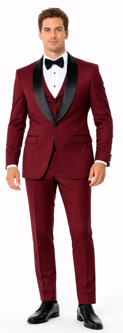 Burgundy Slim Fit Tuxedo with Large Black Shawl Lapel – 3 Piece Wedding & Prom Set