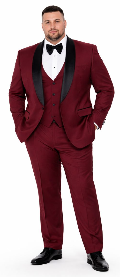 Burgundy Slim Fit Tuxedo with Large Black Shawl Lapel – 3 Piece Wedding & Prom Set