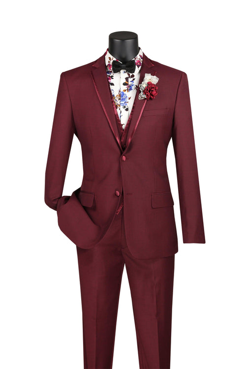 Burgundy Trimmed Lapel Slim Fit 3 Piece Suit by Vinci