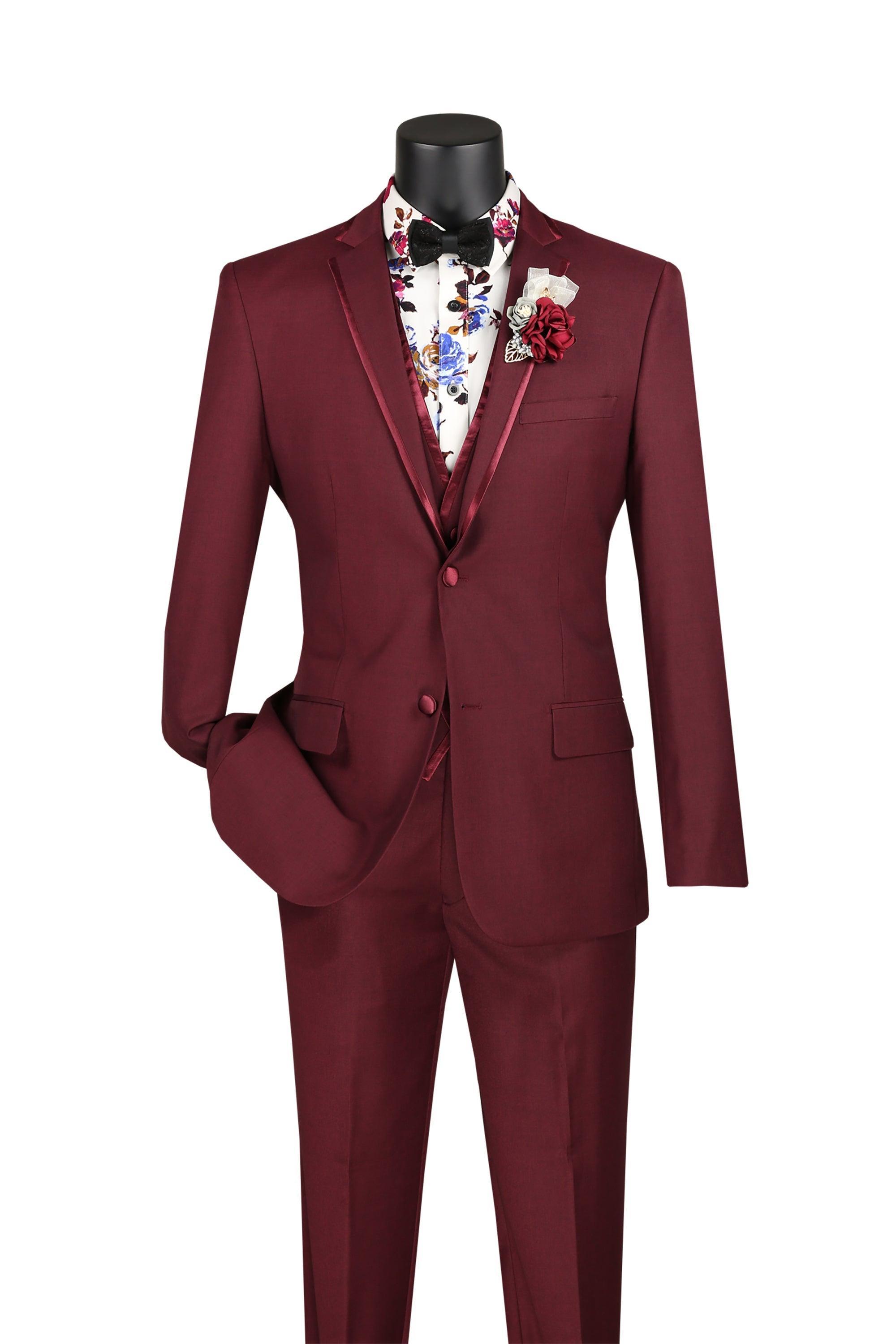 Burgundy Trimmed Lapel Slim Fit 3 Piece Suit by Vinci