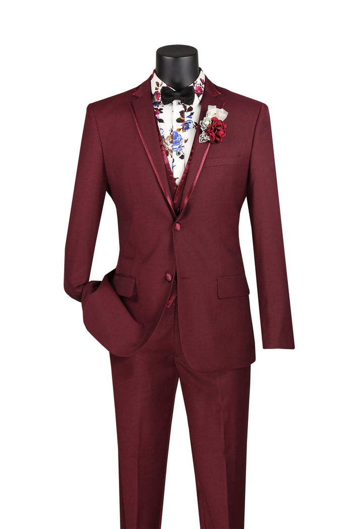 Burgundy Trimmed Lapel Slim Fit 3 Piece Suit by Vinci