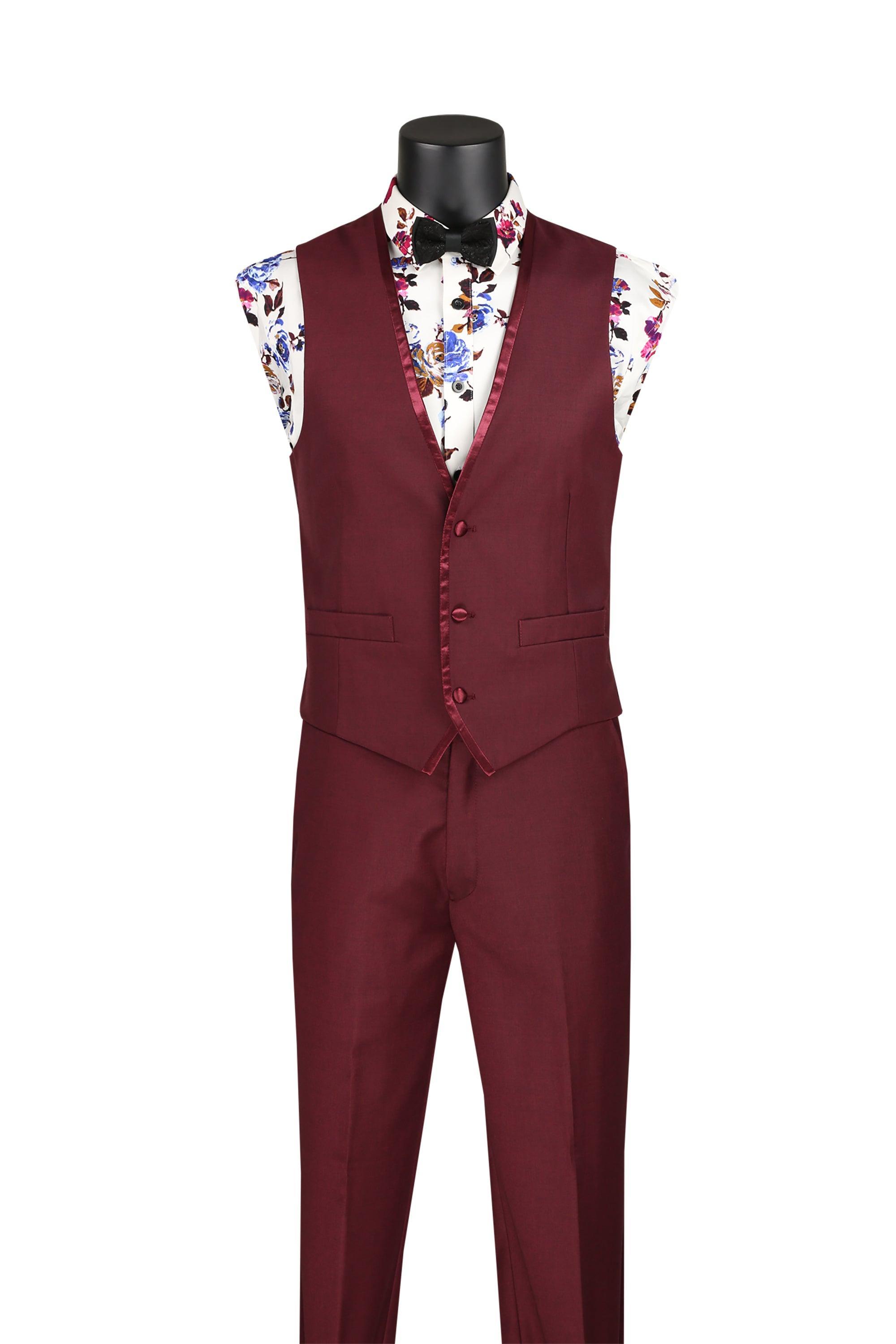 Burgundy Trimmed Lapel Slim Fit 3 Piece Suit by Vinci