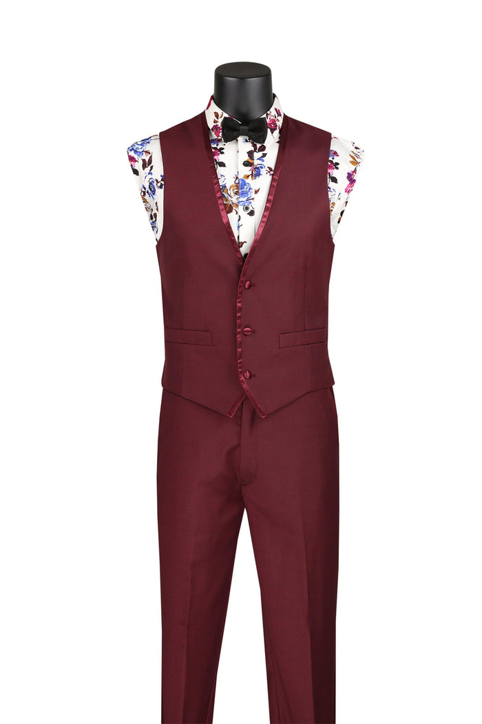 Burgundy Trimmed Lapel Slim Fit 3 Piece Suit by Vinci