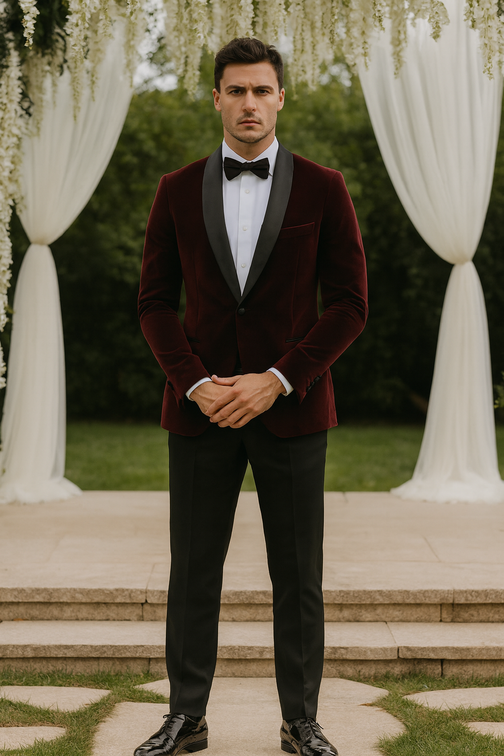 Burgundy Tuxedo Jacket, Black Satin Shawl Lapel – Slim Fit