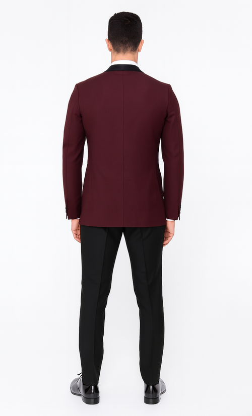 Burgundy Tuxedo Jacket, Black Satin Shawl Lapel – Slim Fit