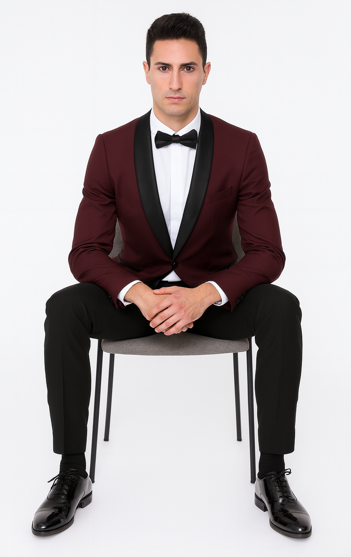 Burgundy Tuxedo Jacket, Black Satin Shawl Lapel – Slim Fit