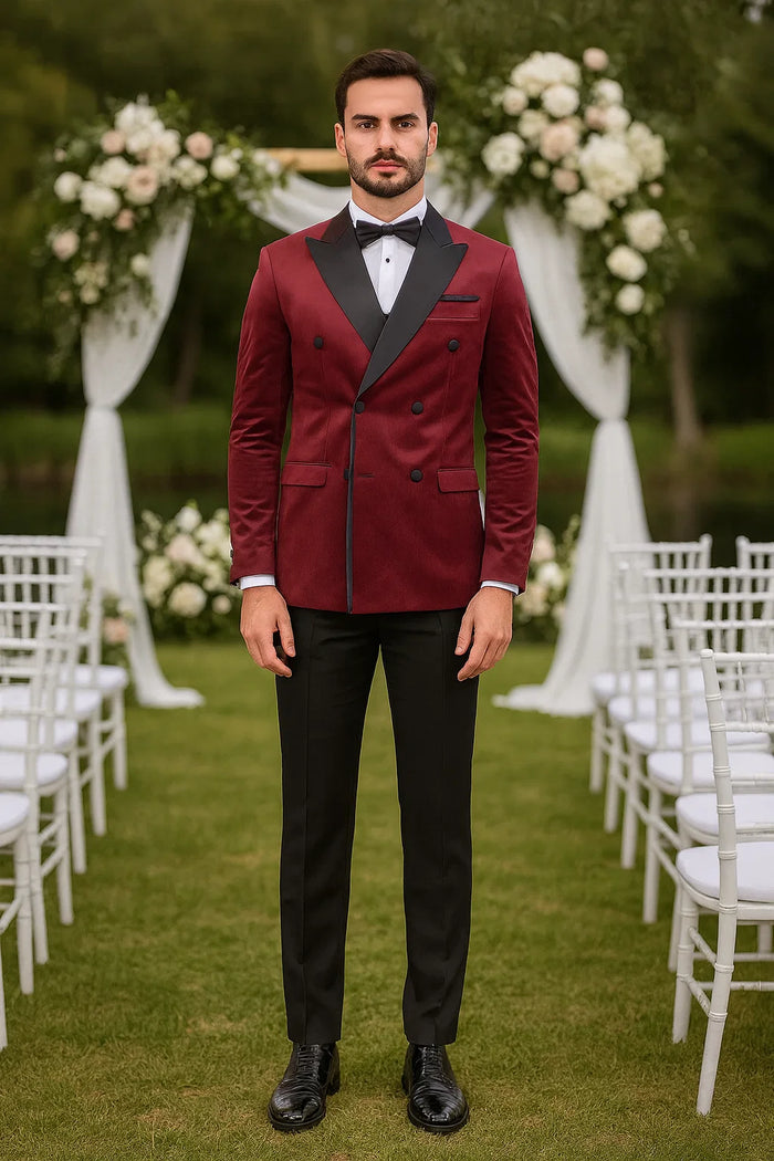 Burgundy Velvet Double Breasted Tuxedo Jacket - Wedding & Prom by USA Men's Outlet